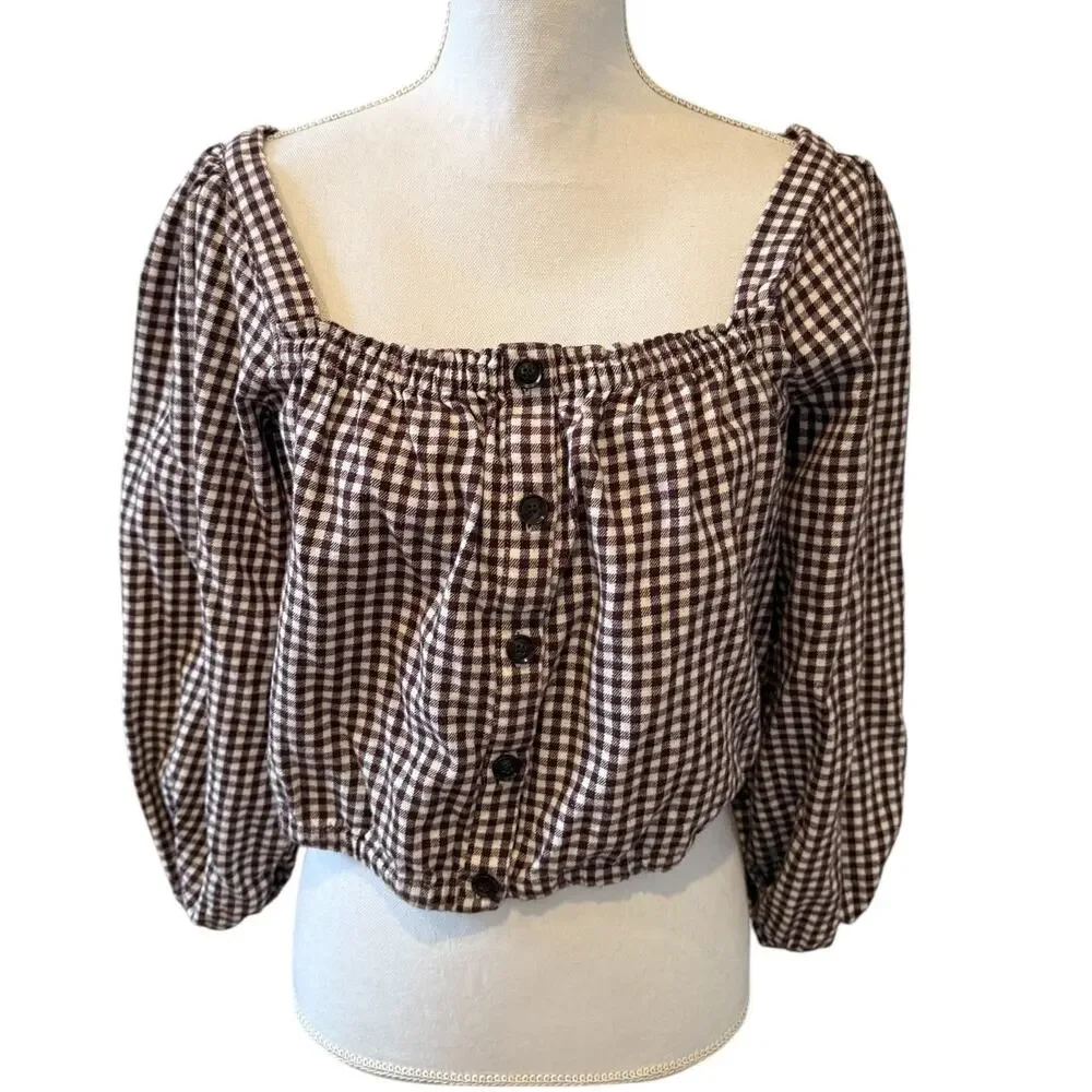 Madewell Puff Sleeve Cropped Flannel Top Chocolate Gingham Plaid M